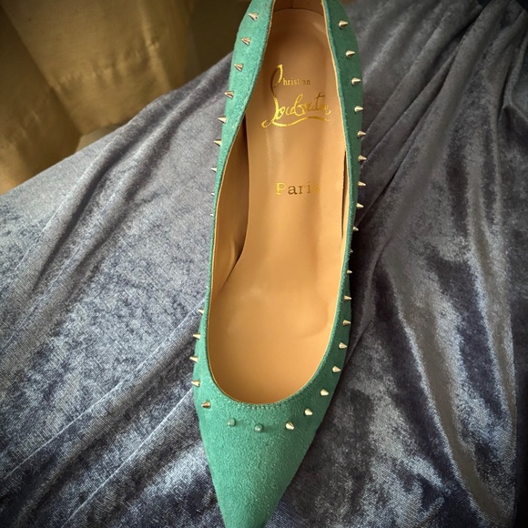 Red Bottom Suede Turquoise Spike Stilettos - Picture 5 of 15